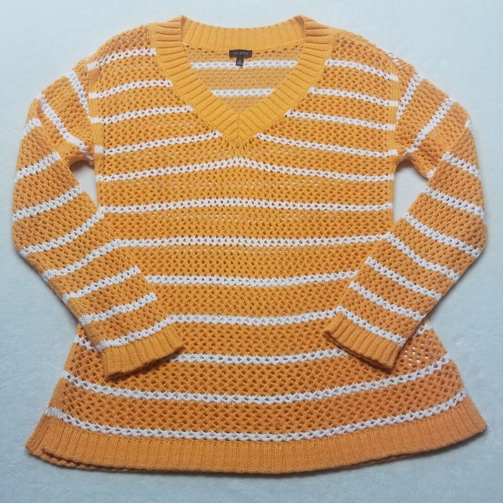 Talbots Medium Sweater Pull Over Open Knit Striped Cotton Orange Crochet Beach